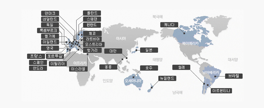 워킹홀리데이 국가 위치 지도